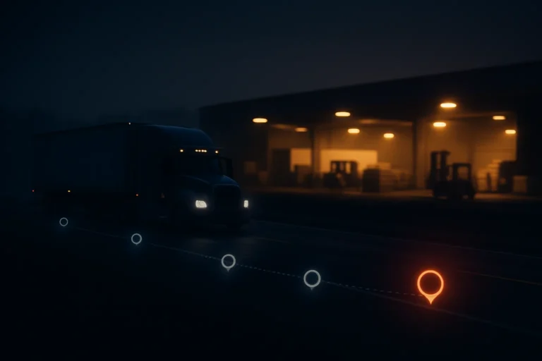 A tractor-trailer with headlights on approaches a warm-lit warehouse dock on wet asphalt at night, forklift and stacked freight visible inside, while a dotted route line of five map pins crosses the foreground with the final pin glowing orange.