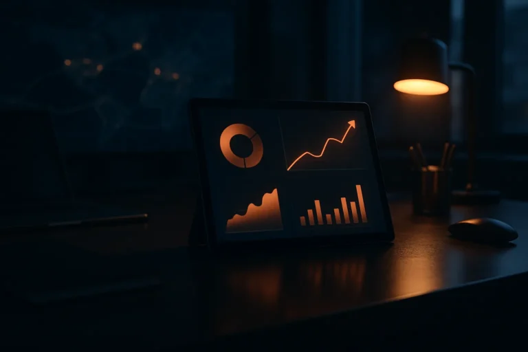 A tablet propped on a dark office desk at night shows a four-panel account dashboard - donut chart, rising line chart with an arrow, area chart and bar chart - in orange on a dark screen, lit by a warm desk lamp beside a mouse and a pen cup.