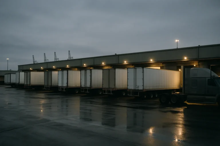 Freight terminal with trucks at loading docks