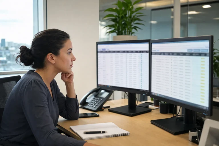 Freight broker reviewing load board listings on two monitors