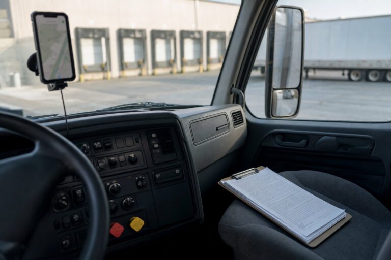 Clipboard with a signed carrier agreement on the passenger seat of a truck cab parked at a shipper loading dock