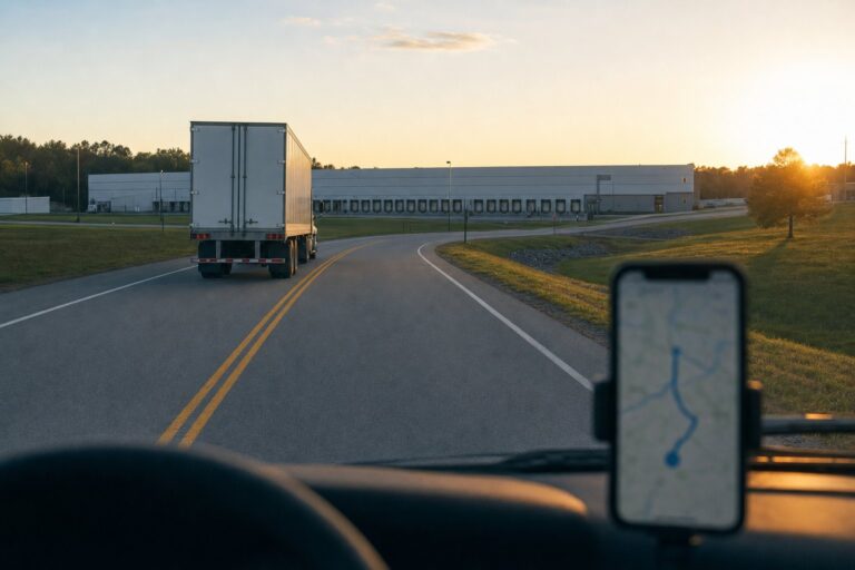 Truck approaching a distribution center at sunset, seen from a cab with a phone on the dash showing a route map