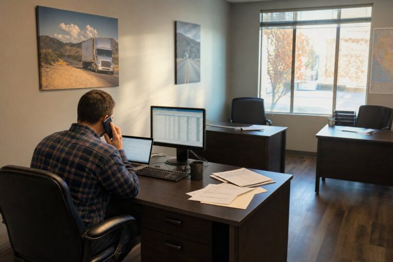 Broker on a call at a desk in a small brokerage office