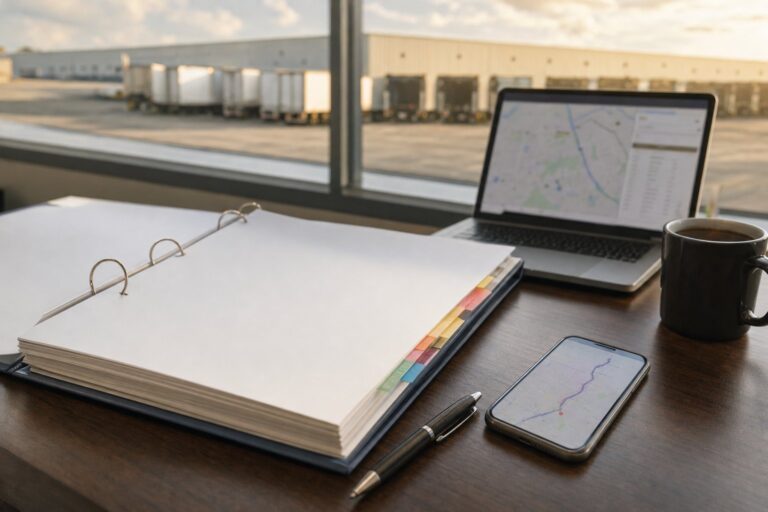 Open proposal binder with tab dividers, a phone showing a route map and a laptop on a freight broker desk facing truck trailers at a warehouse dock
